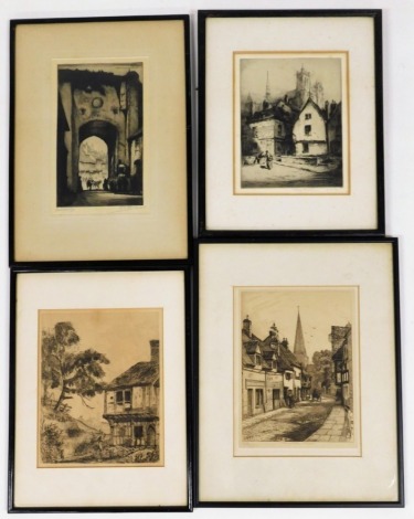 A group of four etchings, to include WT Harlow, The Watering hole Rye, 27cm x 17cm, Albaney.E.Howarth, French street scene with cathedral, 22½cm x 17cm, NEB Victorian street scene, 26cm x 19½cm, and an Ecchea Buden cottage scene, 26cm x 21cm. (4)