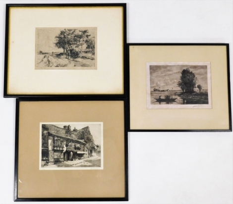 Three framed etchings, to include one by Verracet, limited edition 22 of 75 Ye Old Bell In, 16½cm x 21½cm, framed and glazed, am Oliver Hall wooden scene, 15½cm x 22½cm, and Gene Fountain with Flooded Fields, 17cm x 24cm, each framed and glazed. (3)