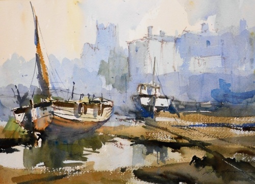 John Hoar. Fishing Boats at Appledore, Devon, bares biro signature ...