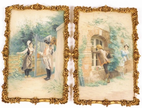 Leon Giraradet (20thC). A pair of framed watercolours, of a military gentleman and lady, one with horse, each signed lower right with the Coupit Gallery label to reverse, 32cm x 20cm, in gilt ornate floral frames. (2)