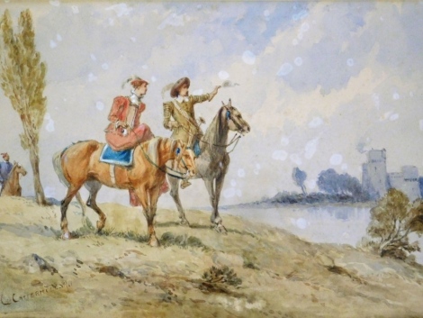 Charles Cattermole (1832-1900.) Return Of The Hunting Party, watercolour, signed, 17cm x 24cm, framed and glazed.