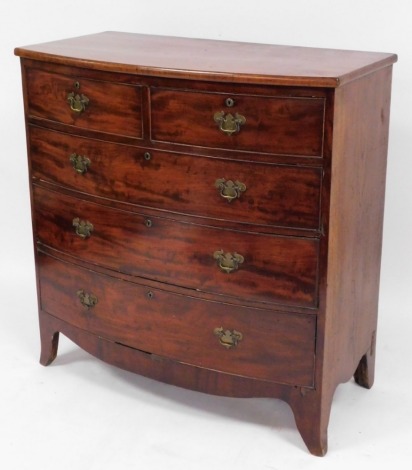 A 19thC bow front flamed mahogany chest of drawers, with two short and three long drawers with brass back plate escutcheons, on splayed feet, 111cm high, 107cm wide, 46cm deep. (AF)