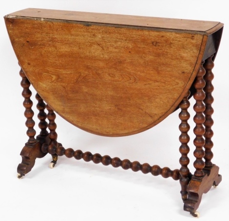 A Victorian mahogany Sutherland table, with barley twist column supports, on castors, and two drop leaves, 72cm high, 90cm wide, 17cm deep when closed.