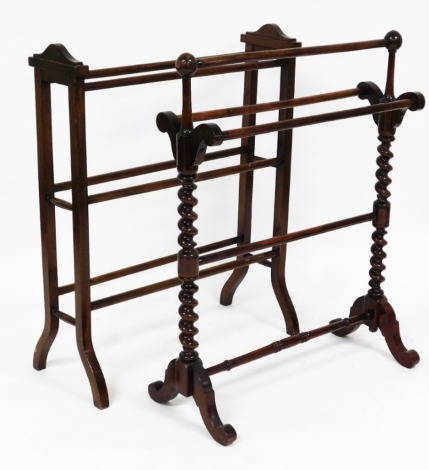 Two 19thC mahogany towel rails, one with partial twist column supports with three hanging rails, 88cm high, 68cm wide, together with another later example (2).