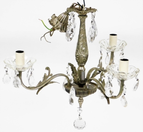 A silvered metal three branch chandelier, with glass droplets, 29cm high.