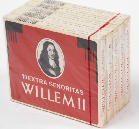 Five packs of ten Willem II cigars, in cardboard case and outer plastic sealed sleeve.