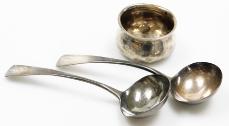 Three items of silver ware, comprising a silver bowl, Birmingham, 1933, and a pair of silver ladles, London 1781, 3¾oz.