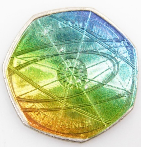 A Sir Isaac Newton fifty pence collectors coin, with a multicoloured finish front, in presentation coin pack.