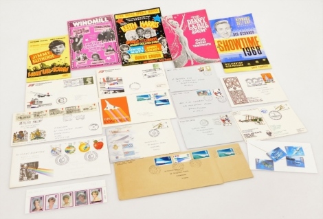 A group of programmes and first day covers, to include Royal Mail Sir Isaac Newton first day cover, concord stamps, Royal Air Force collectors, coach travel, football stands, Princess Diana, Showtime 1968 with Des O'Connor guide, The Danny Le Roux show Gr