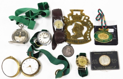 A group of watches and effects, comprising Timex stainless steel cased wristwatch, Latham leather cuff watch, compass, J F Kennedy half dollar, record reign horse brass, etc.