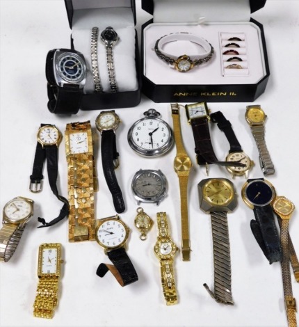 A group of fashion watches, ladies and gents, on stainless steel and gold plated straps. (a quantity)