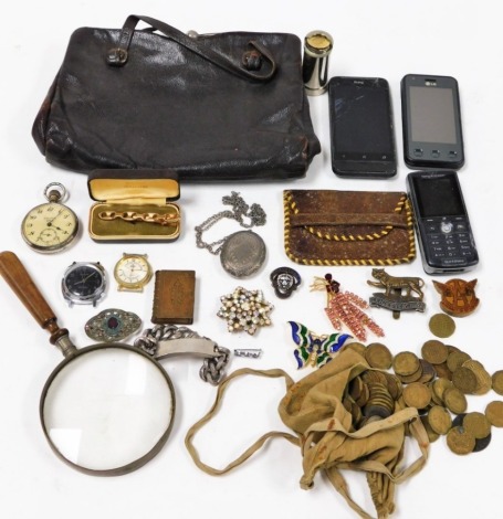 Miscellaneous jewellery and effects, a silver plated locket and chain, various three pence pieces, a Salvos plated pocket watch, mobile phones, Lecano?; pocket watch, etc. (1 tray)