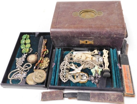 A leatherette jewellery box and contents, to include spectacles, paste stone set belt buckle, floral posy group, etc., in a Victorian leather purple crush jewellery box with green velvet interior.