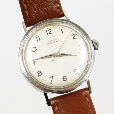 A Girrard Perregaux gentleman's wristwatch, in a stainless steel case on brown leather strap, the dial 3cm wide.