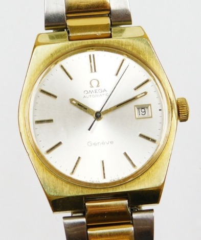 An Omega Geneva automatic gentleman's wristwatch, in bicoloured metal, on multicoloured strap, the dial 3cm wide, with date aperture.