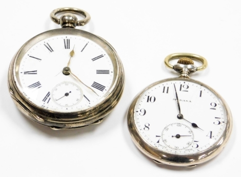 Two silver pocket watches, to include a Midina pocket watch, with bezel wind and seconds dial, and a early 19thC silver cased pocket watch, 169g all in. (2)