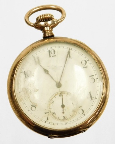 A 9ct gold cased Waltham pocket watch, with silvered coloured dial with seconds dial the outer case bearing the initials GW, Birmingham 1912, 64g all in.