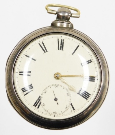 A Victorian silver pair cased watch, with white enamel dial and Roman numerals with seconds dial and gold coloured handles, key wind, 157.3g all in, by William Wolsey, Birmingham 1864.