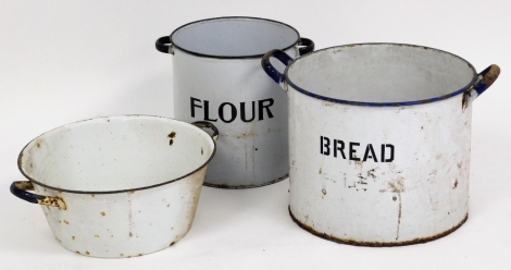 Enamel wares, to include a large white and blue enamel bread bin, flour bin and a wash bowl. (3)