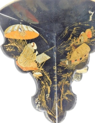 A Victorian papier mache wall shelf, on black ebonised base, with gilt decoration of Oriental figures and buildings, 18cm high, 25cm wide. - 3