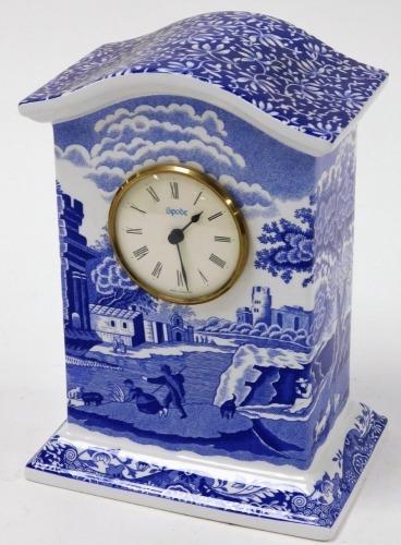 A Spode Italian blue and white mantel clock, limited edition number 10/1950, 20cm high, 15cm wide, 10cm deep.