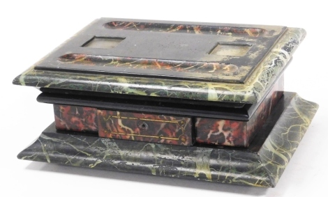 A 19thC grand tour marble ink stand, with a drawer, etc. (AF)