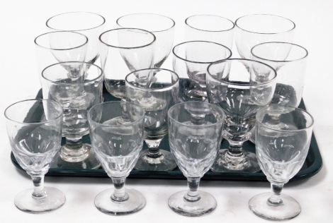 A group of 19thC and later glass rummers, mainly of plain bodied design but with a set of four hob nail glass glasses (1 tray).