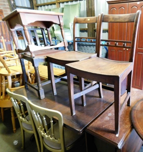 A group of various furniture, to include an extending dining table, two gold painted hall chairs, stool, two dining chairs, drop leaf table, mirror and bookcase. (a quantity)