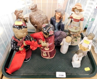 A group of ornaments, to include two willow tree angels of carving ornaments, a pair of Chinese love knot ornaments, Capodimonte style figure, African carved stone bust, etc. (1 tray)