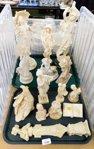 A group of white and cream finished resin figures, to include warriors on horseback, figures of ladies, swans, dancing ornaments, etc. (2 trays)