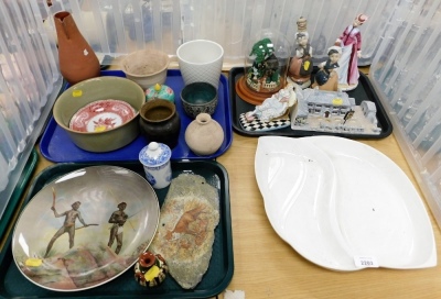 Various ceramics and effects, to include a model of the Famous Jamaica Inn, Cornwall, two Cas a Des porcelain figures, a domed carousel figure, Royal Doulton Aborigines with hunting weapons, collectors plate, stoneware pottery, etc. (3 trays and a quantit