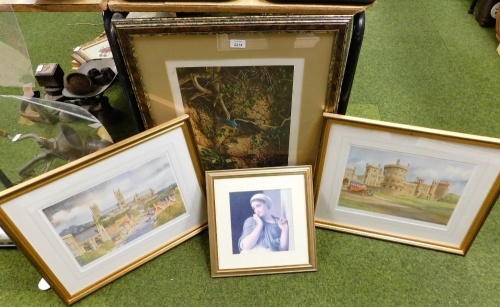 A group of various pictures and prints, figure of a maiden, print of Belvoir Castle and Lincoln Cathedral, and a kingfisher print. (4)