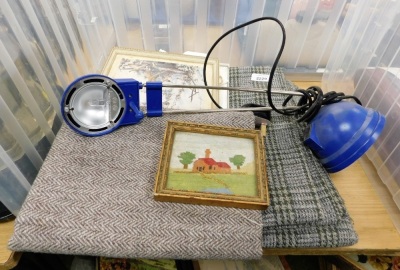 A tweed scarf and blanket, desk lamp, two embroidered pictures, and a group of linen. (a quantity)