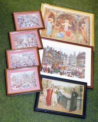 After Geo. Cunningham. Set of four Sheffield city colour prints, blind stamped, fargate and two others. (7)