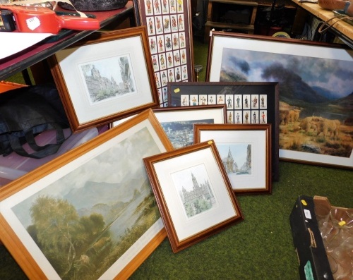 Various framed pictures and prints, two framed sets of cigarette cards, prints of mountainous landscapes, a highland cow print, etc. (a quantity)