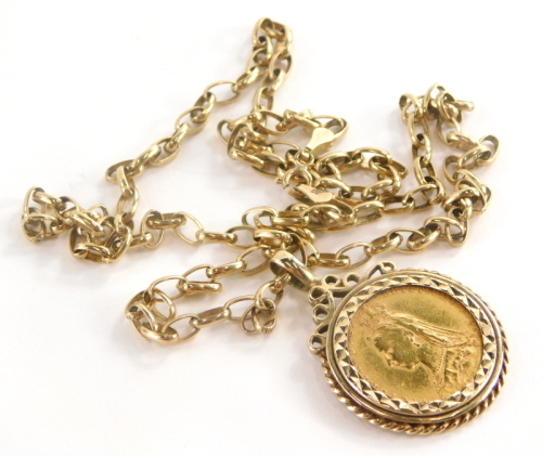 A Victorian full gold sovereign pendant and chain, the sovereign dated 1889 in a 9ct gold pendant mount, on 9ct gold belcher chain, 60cm long overall, 16.1g all in.