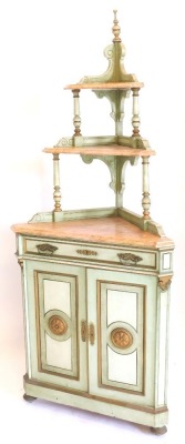 A 19thC Spanish corner whatnot, painted in pale green, cream and gilt, the top with a turned finial above three marble tiers, each with a moulded edge, the base with a frieze drawer above two panelled doors, each with central roundels, on bun feet, 204cm