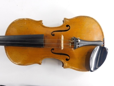 A late 19th/early 20thC violin, with a two piece back, lacking label, (neck AF), length of back 36cm, and a quantity of violin bows, one stamped J. La Salle. - 2