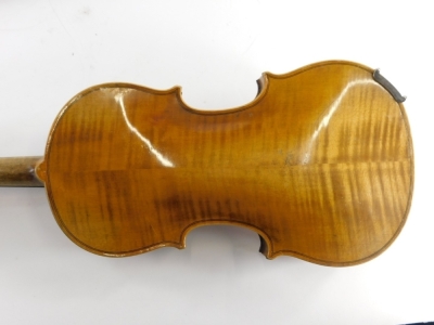 A late 19th/early 20thC violin, with a two piece back, lacking label, (neck AF), length of back 36cm, and a quantity of violin bows, one stamped J. La Salle. - 4