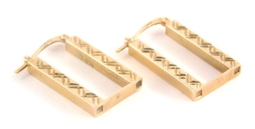 A pair of 9ct gold drop earrings, rectangular, with etched cross detailing, 2.5cm high, 2.1g.