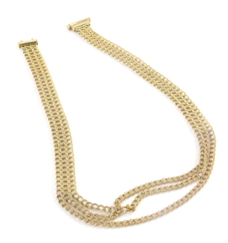 An Italian 9ct gold necklace, with three row curb link design, split and graduated two pendant section with slide in clasp, 40cm long overall, 13.3g all in.