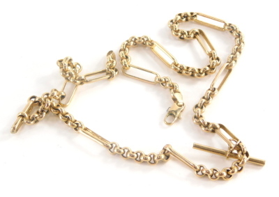 A 9ct gold watch chain, converted to a necklace, with elongated bars and four curb link sections, with T bar, 49cm long overall, 15.7g all in.