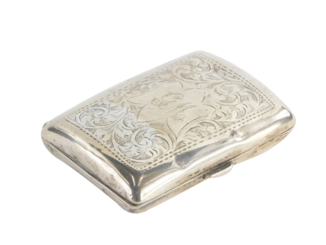 A George V silver cigarette case, initialled to front GM and engraved with scrolls, leaves etc., Birmingham 1916, 1¾.