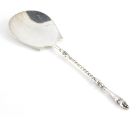 A continental white metal spoon, with a twisted handle terminating in an animal hoof, 20cm long, 1¼oz.