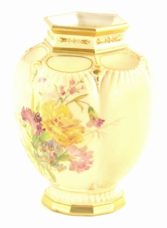 A Royal Worcester porcelain pot pourri jar, painted with flowers and leaves on a blush ivory ground, printed marks in puce to underside and numbered 2407, lacking lid, 15cm high.