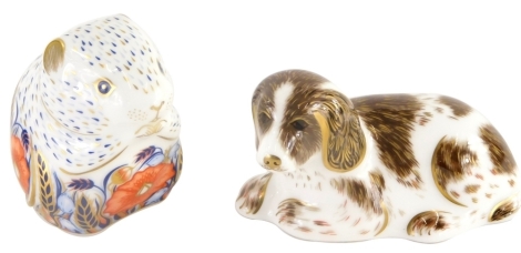 Two Royal Crown Derby porcelain paperweights, of Scruff with gold stopper, and Poppy Mouse, with silvered stopper. (2)