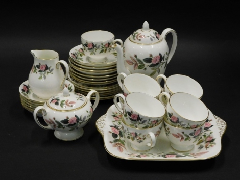 A Wedgwood Hathaway Rose pattern part coffee service, to include coffee pot, two handled sugar bowl, milk jug, teacups and saucers etc. (1 tray)