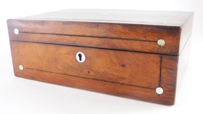 A Victorian rosewood and pewter strung work box, inlaid in mother of pearl hinged lid enclosing a fitted interior, 28cm wide.