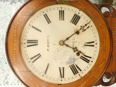 A late 19thC walnut and parquetry American drop dial wall clock, the painted dial stamped F Howe Hull above a glazed verre eglomise door, labelled interior for Anglo American Clocks trademark etc., New Haven USA, 70cm high. - 3