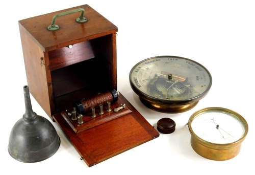 Various bygones and effects, a brass cased barometer marked HPBN, of circular form, 12cm diameter, pewter funnel, further barometer, etc. (a quantity)